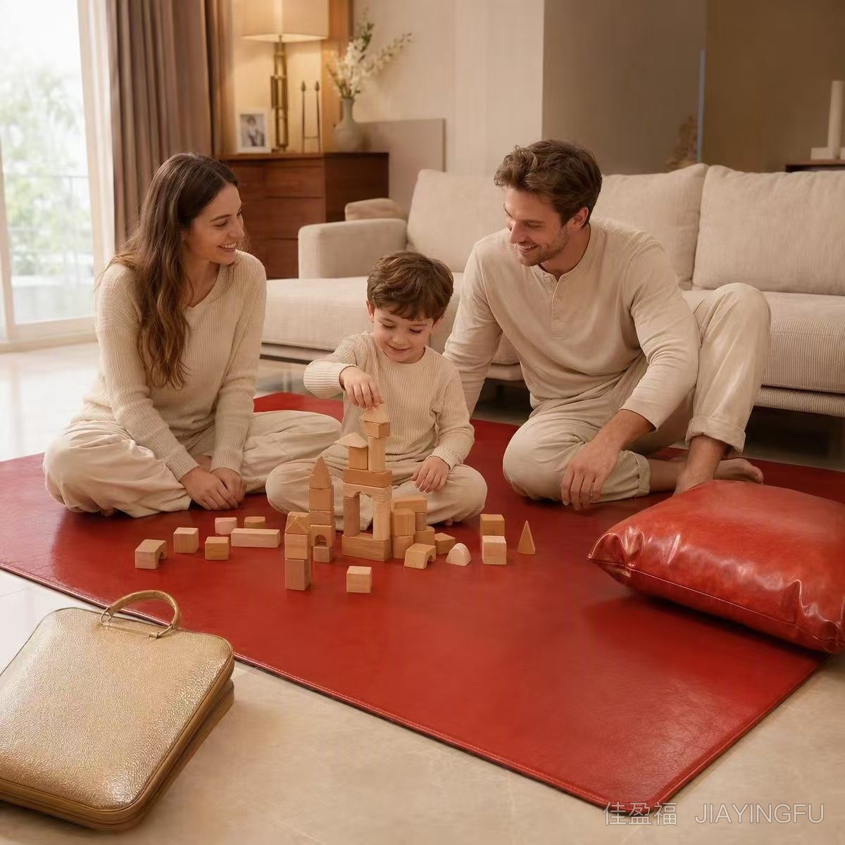 Family sitting on a cowhide rug