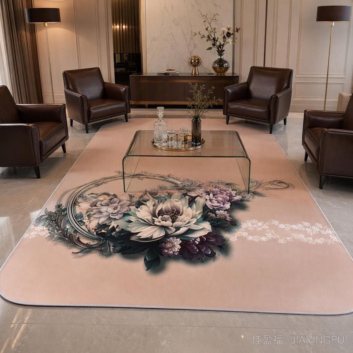 Floral printed cowhide rug in a living room Floral printed cowhide rug in a living room