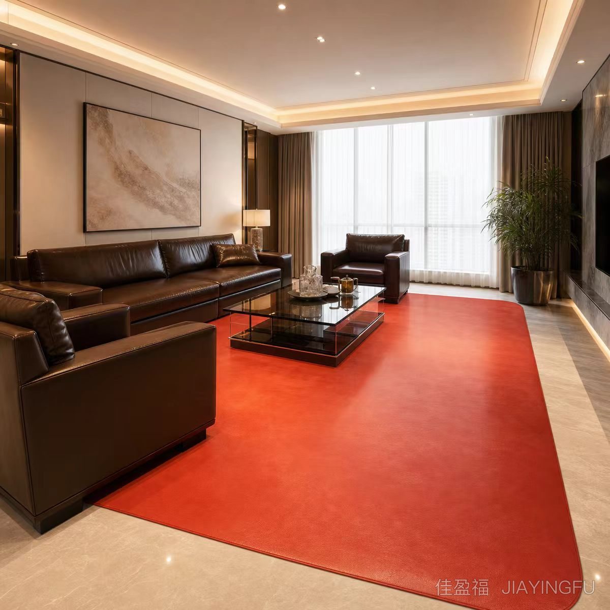 Red cowhide rug in luxury living room