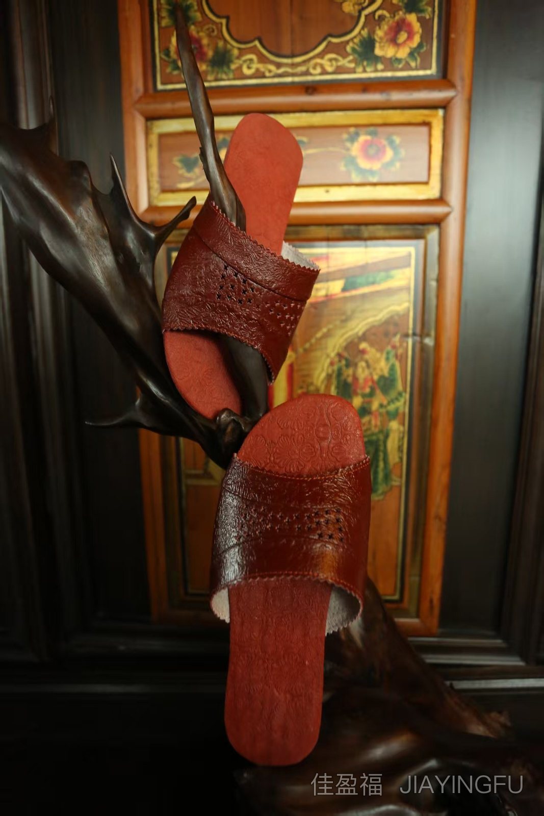 Red leather slippers gift shot